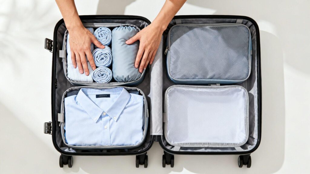 Organized suitcase with clothes for an international trip