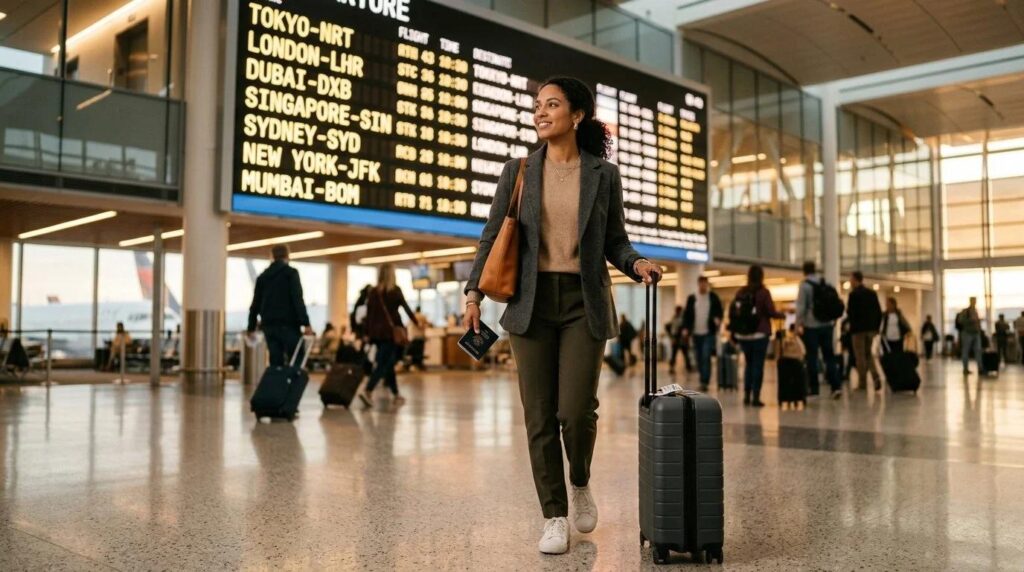 Traveler with carry-on luggage at an international airport